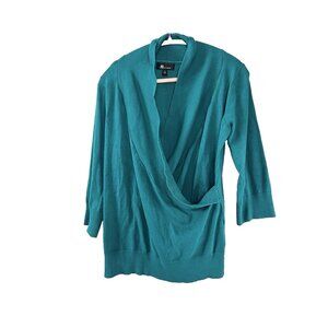 Jewel Tone Teal Faux Wrap Sweater XL 3/4 Sleeve Soft Cozy Chic Fall Layer Top